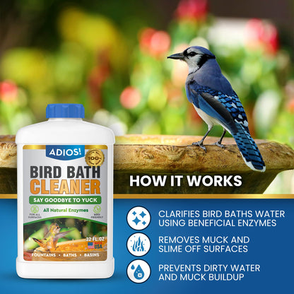 ADIOS! Bird Bath Cleaner for Outdoor Fountains and Bowls, Safely Cleans Metal, Glass and Stone (16oz)