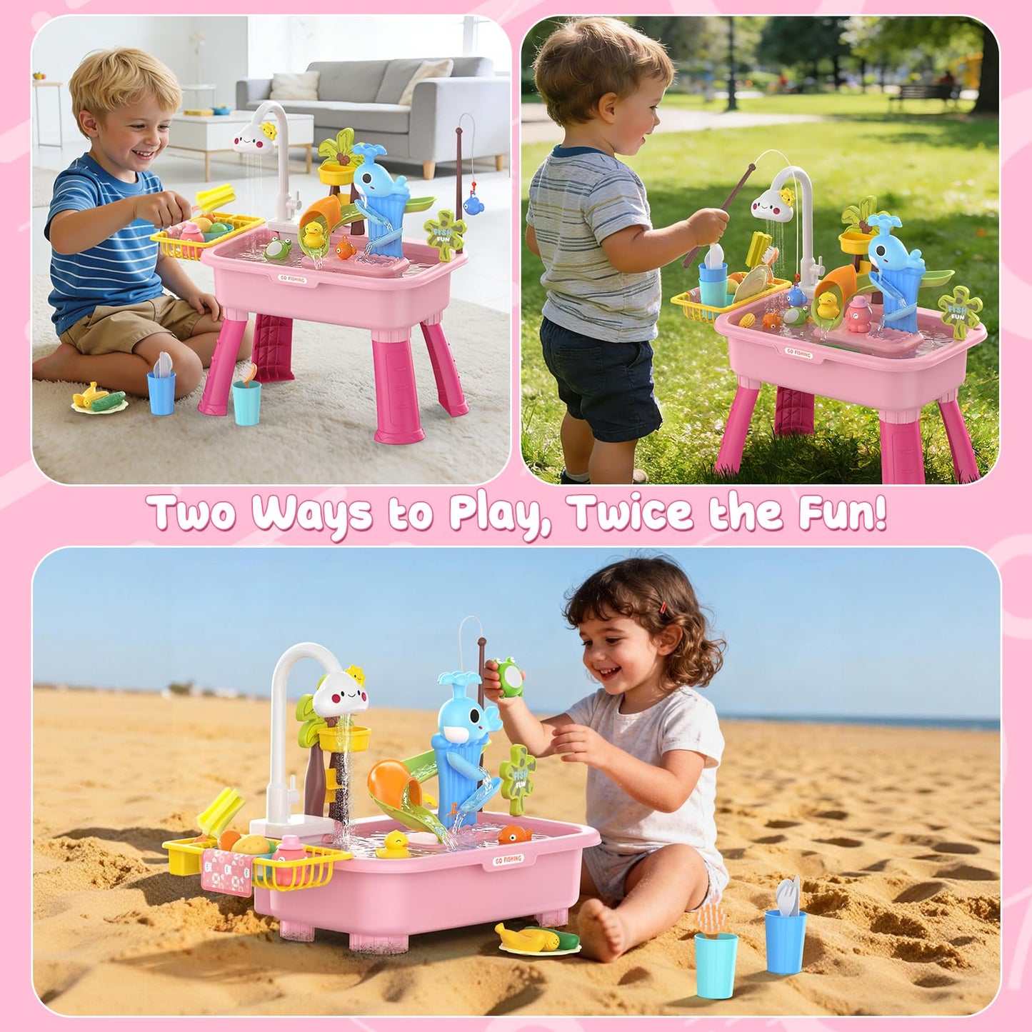 GGRH 2026 Upgraded Water Table for Toddlers 1-3 - Outdoor Toys for Kids Ages 4-8 with Pump, Summer Outside Sensory Activity Pool Toys, Kitchen Play Sink Toy with Running Water, Fishing Toy, Pink