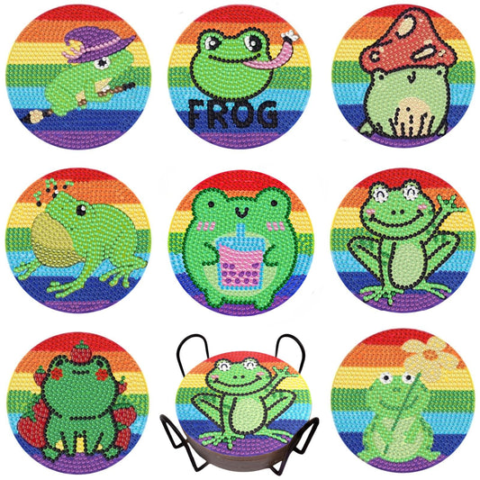 Bulerrylulu 8 Pcs Diamond Painting Coasters Kits with Holder,Diamond Art Coasters Set for Drinks Coffee Table, Gem Painting kit for Beginners Adults DIY Art Craft Gifts Home Decors (8pcs Frog)