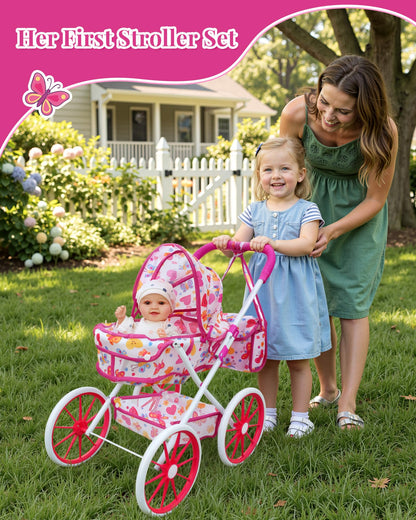 JIZHI Baby Doll Stroller with 12 Inch Dolls, 27-Piece Doll Stroller Set with Baby Doll Accessories for Pretend Play, Feeding & Bedding Playset Gift for Kids 3+