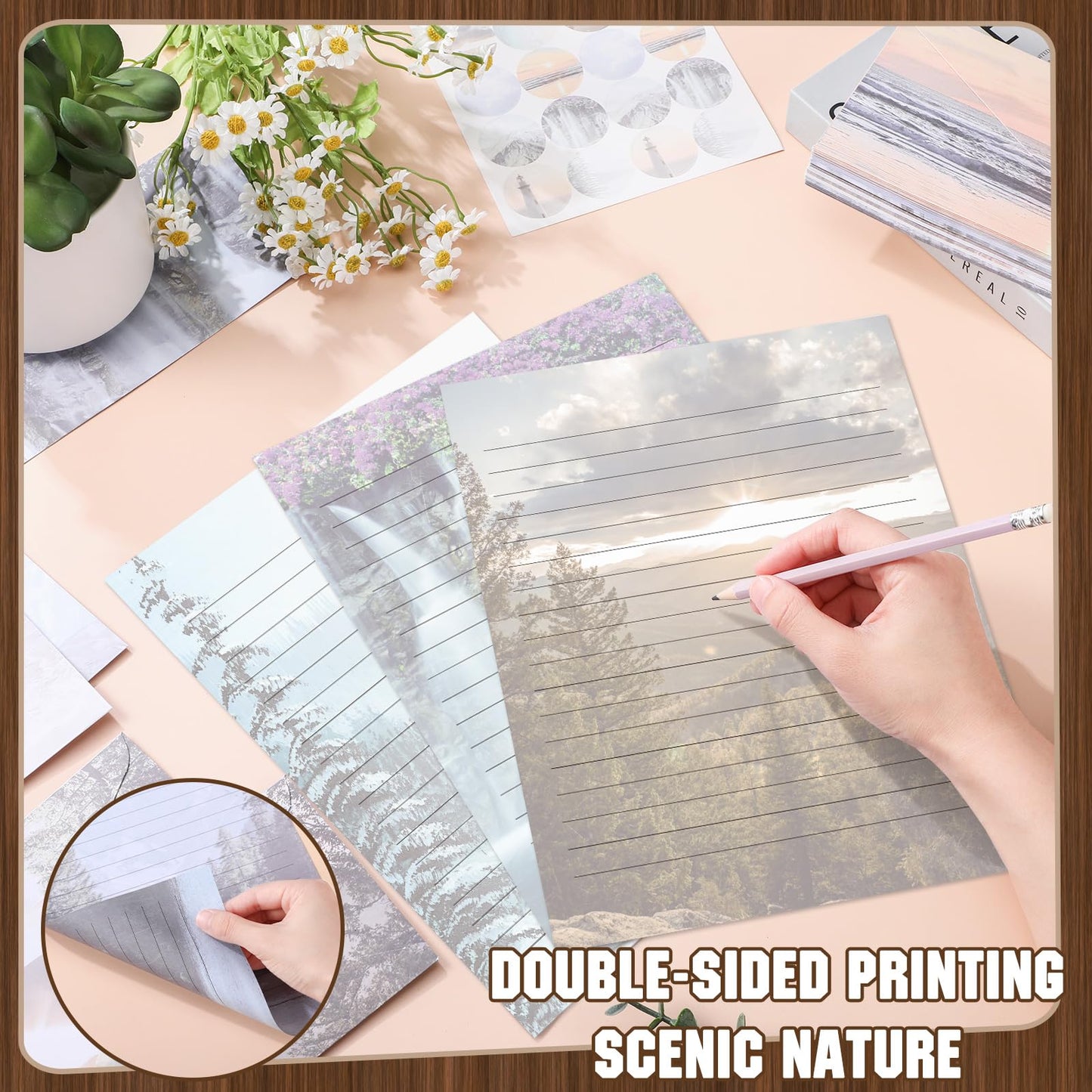 TaoBary 160 Pcs Stationery Paper Set 50 Double Sided Stationery Papers with 50 Matching Envelopes and 60 Round Dot Sticker, 10 Design(Natural Scenery,8.5 x 11 Inch)
