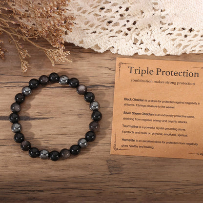AULSIEY Hematite Black Tourmaline Obsidian Bracelet for Men, Triple Empath Protection Bracelet Gifts for Women, Protection Healing Crystal Bracelets, Evil Eye Jewelry Bracelets Mental Health-8mm