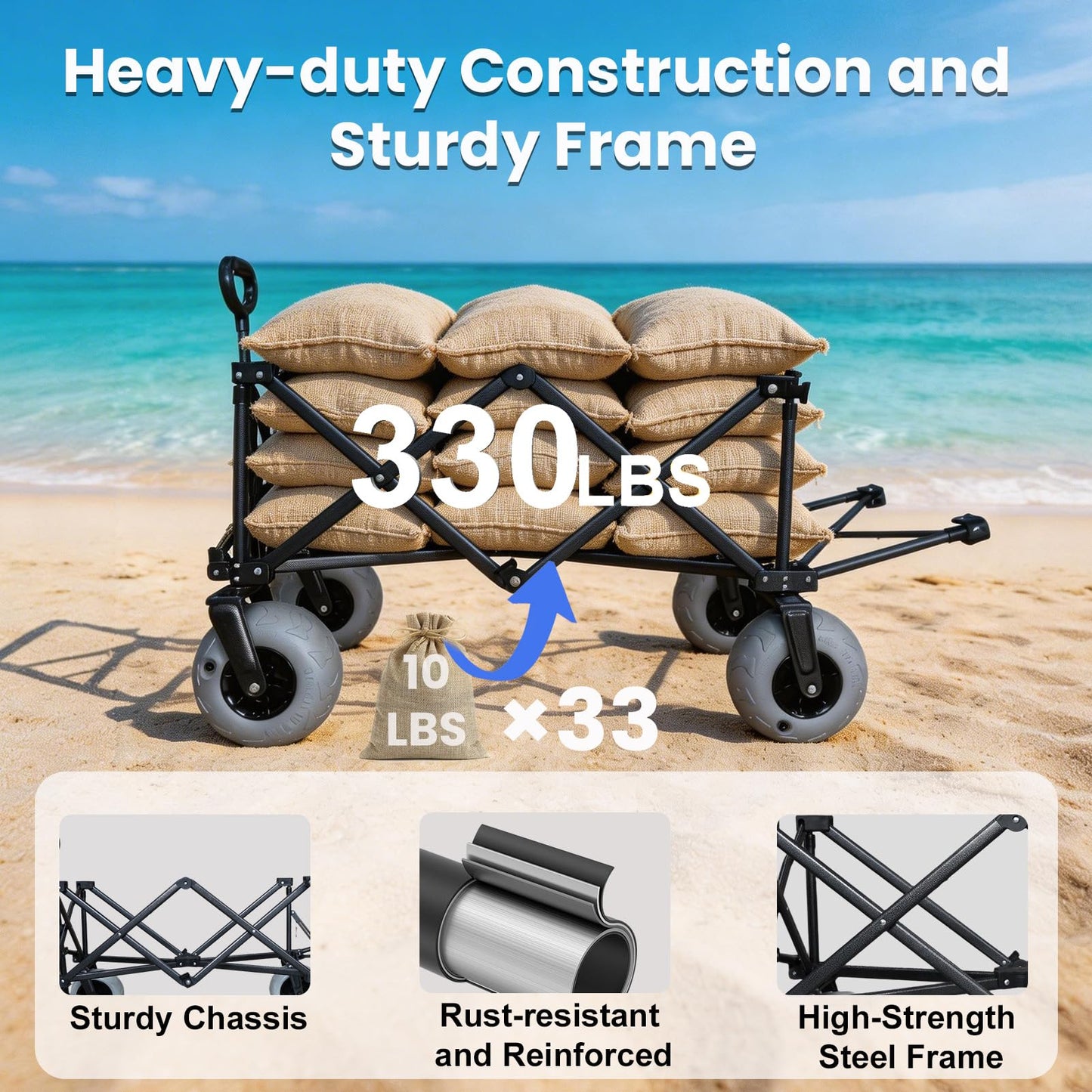 OTIATrail Beach Wagon for Sand with Big All-Terrain 9*4" Balloon Wheels, 200L Large Capacity 330lbs Heavy Duty Beach Carts, Collapsible Utility Wagon with Extended Tailgate for Beach Camping Outdoors