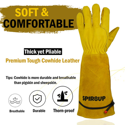SPIR8UP Cowhide Rose Pruning Gloves, Thorn Proof Long Gardening Gloves for Women & Men, Durable Gauntlet for Cactus Handling (Yellow, Large)