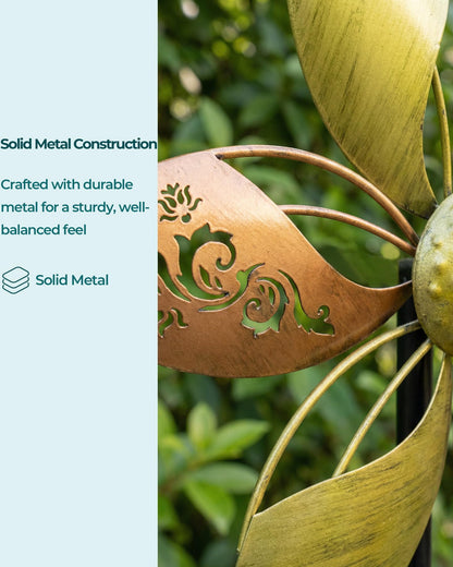 Gronhof 37" Metal Wind Spinner for Yard & Garden, 10" Kinetic Outdoor Garden Spinner, Rust-Resistant Decorative Yard Art (Gold Ornate Laser-Cut Floral)