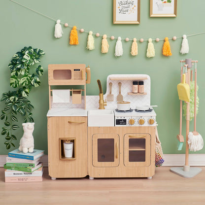 Teamson Kids Little Chef Cyprus Play Kitchen Set for Toddlers with 14 Accessories, Wooden Toy Cooking Playset for Kids Ages 1-8, Montessori Cooking Station, Light Oak/White Pretend Kitchen