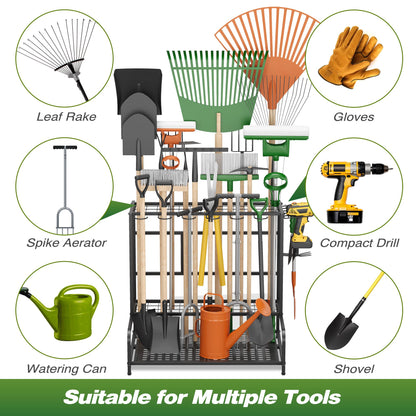 Sttoraboks Garden Tool Organizer Rack Up to 39 Tools, Heavy-Duty Steel Yard Tool Organizer for Garage Storage with 12 Hooks, Broom Holder & Garden Tool Rack for Shed, Patio, Outdoor Storage, Black