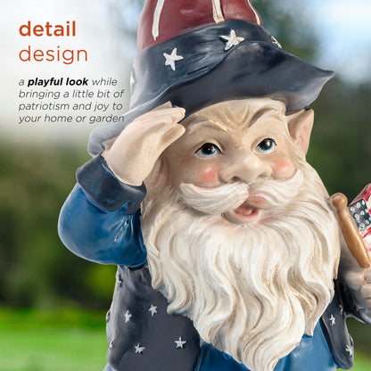 Alpine Corporation 12" Tall Outdoor Patriotic Garden Gnome Saluting Yard Statue Decoration