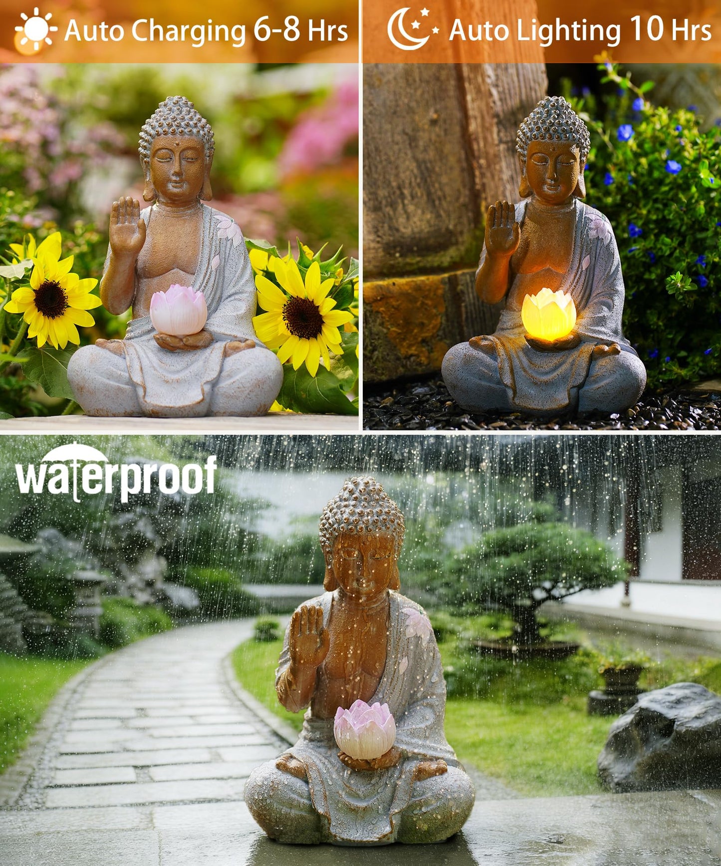 Nacome Solar Buddha Garden Statues with Lotus Flower: Resin Zen Decor Waterproof Sculpture Outdoor Light Design for Outside Patio Lawn Yard Balcony - 10.6 inches(White)