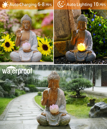 Nacome Solar Buddha Garden Statues with Lotus Flower: Resin Zen Decor Waterproof Sculpture Outdoor Light Design for Outside Patio Lawn Yard Balcony - 10.6 inches(White)