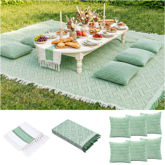 Extra Large Outdoor Boho Picnic Blanket with Table Runner and 6 Throw Pillows Covers for Outdoor Essentials Beach Accessories Basket Set Oversized Manta Yard Outside Mat Wedding Party Decor Sage Green