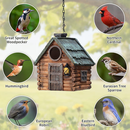 Bird Houses for Outside Real Wood-Look Resin Bird House with Hanging Chain – Waterproof & Durable Forest Birdhouses for Outdoors for Bluebird Finches Cardinals Bird Nesting Garden, Patio, Yard