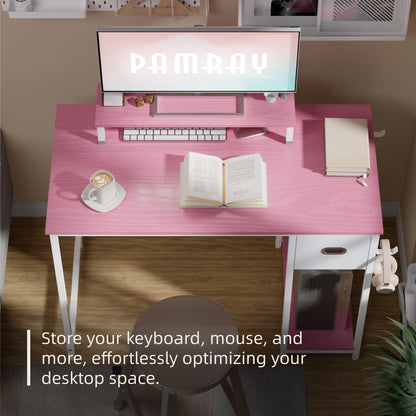 Pamray 39 Inch Computer Desk with Monitor Stand Small Home Office Desks with Non-Woven Storage Drawer for Bedroom Study Table Writing and Work Desk Pink