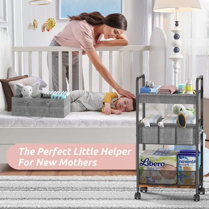 LIDTOP 2In1 Baby Diaper Caddy & 3-Tier Rolling Diaper Cart, Diaper Caddy Organizer Cart with Dividers, Mobile Metal Utility Cart for Nursery Essentials, Detachable Bedside Cart, Large Capacity