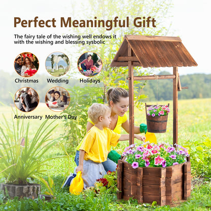 VINGLI Wooden Wishing Well Outdoor Planters, Well Covers for Yard with 2 Reinforced Rods, Height Adjustable Hanging Bucket, Rustic Flower Pot Home Decor for Outside Patio Garden