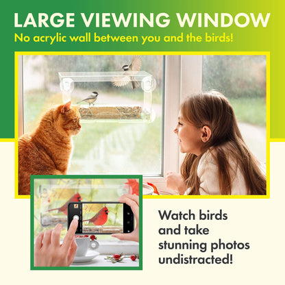 D.F. Omer Window Bird Feeder with 3 Section Tray and Roof Cover, Weatherproof Outdoor Suction Cup Hanger Acrylic Plastic Bird Feeder , Clear