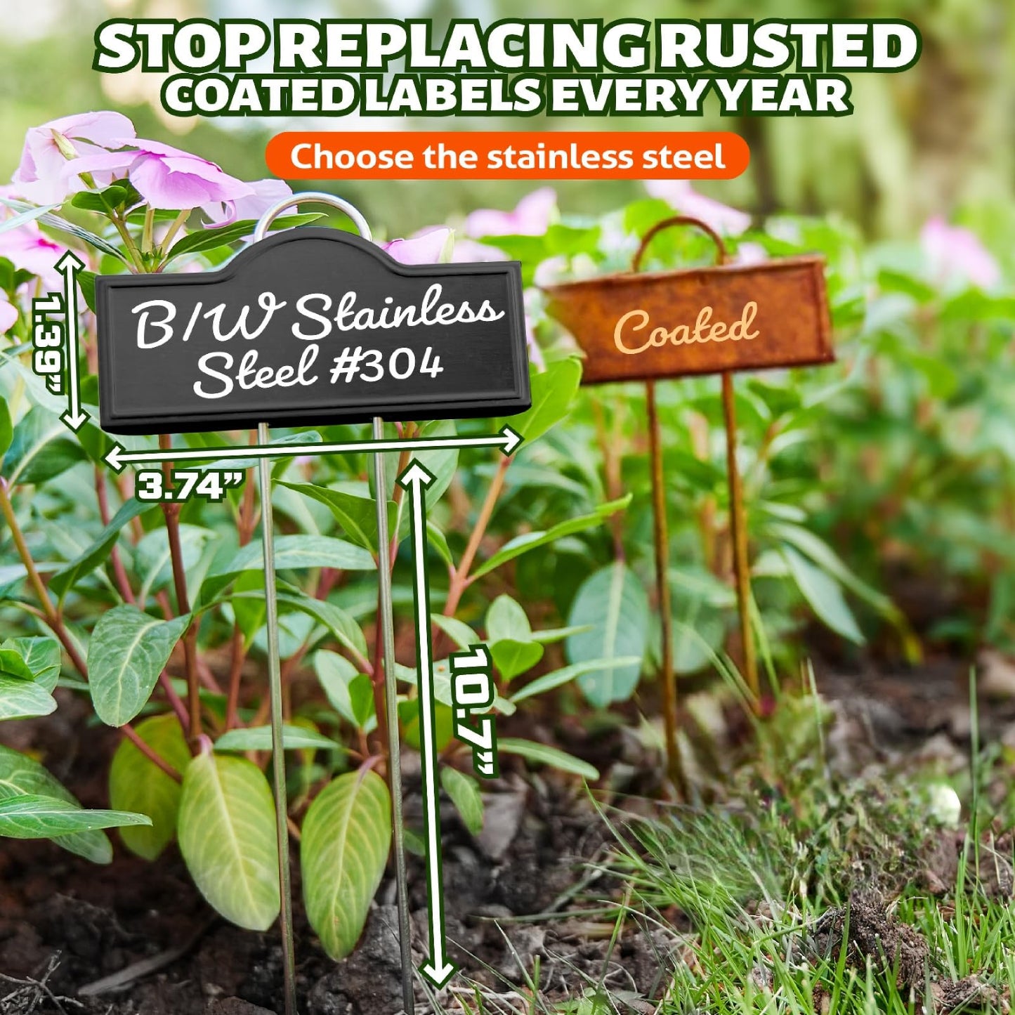 Stainless Steel 304 Plant Labels Weatherproof, Metal Garden Label Tall Markers 25 Pack for Outdoor Plants Vegetables Herb Seedlings Flowers with a Pen, Label Area 3.74'' x 1.39'' Height 10.75 Inch