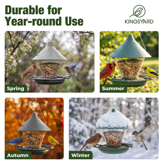 Kingsyard Wild Bird Feeder for Outdoors Hanging, No-Waste Tray with Seed Guard & Circular Perch, Garden Yard for Cardinal Finch, 4 lb Large Capacity, Grey