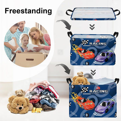 HUUMONSS Racing Car Baby Storage Basket Collapsible Clothes Kids Laundry Hamper Large Flag Track Boys Gift Toy Box Bin for Playroom, Blue, 36L