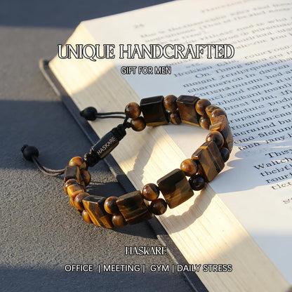 Tiger Eye Bracelet for Men, HASKARE Natural Men Beads Bracelet Energy Healing Stone Protection Crystals for Anxiety, Genuine Crystal Mens Beaded Bracelet Drawstring Unique Jewelry Gift for Mens Balance