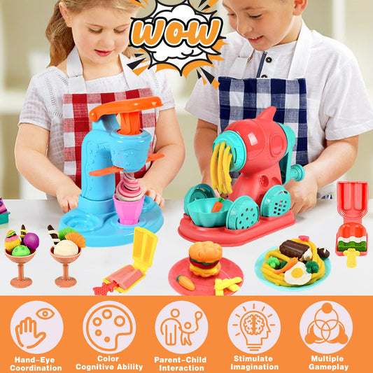 Crelloci 3 in 1 Color Dough Kitchen Creations Set, Ice Cream Spaghetti Burger Maker Machine, Art Crafts Food Modeling Toys, Accessories Tools Kit for Boys Girls Kids Toddlers Ages 3+ (12 Colors Dough)