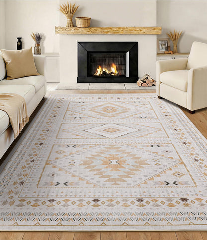 Boho Farmhouse Area Rug 5x7, Washable Tribal Rug for Bedroom, Non-Slip Medallion Rugs for Living Room Dining Room, Entryway (Beige/Yellow, 5'x7')
