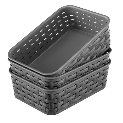 3 Pack Small Plastic Basket, Storage Bin Baskets for Organizing, Pantry Organizer Household Wicker Storage for Laundry Room, Bedrooms, Kitchens, Cabinets, Countertops, Dark Gray