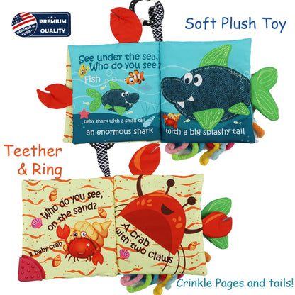 Fish Baby Books, Crinkle Books for Babies,Touch & Feel,Infant Baby Toys 0-3 0-6 6-12 Months, Sensory Mirror Toys,Soft Teether,Teething Toy,Shower Baby Basket Stuffers,Baby Gifts for Boys Girls-Blue
