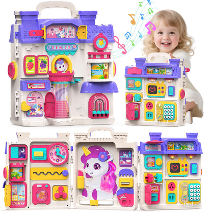 Nicella Busy Board for 1 Year Old Girl Gifts, Montessori Toys for 1 2 Year Old - 56+ Activities Bilingual Music Learning Sensory Toys for Toddlers 1-3 - Birthday Gift for 1+ Year Old Girl Boy