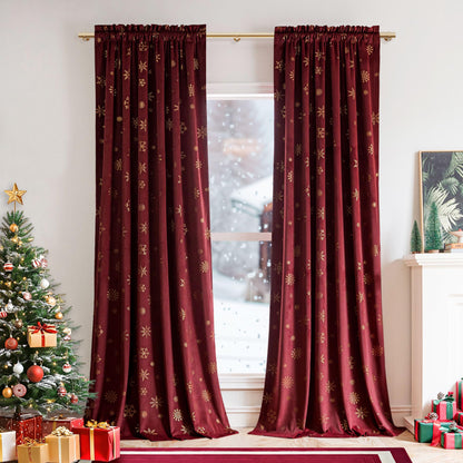 Beauoop Christmas Red Velvet Curtains 84 Inches Long 2 Panels for Bedroom Living Room Gold Snowflake Holiday Decor Burgundy Thermal Insulated Room Darkening Rod Pocket Window Treatments Drapes, 52X84