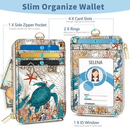 Mavellin Lanyard Wallet with Id Badge Holder, Sea Turtle RFID Small Keychain Wallet Women Wristlet, Cute Zipper Credit Card Holder Phone Wrist Neck Strap for Key Name Tag, Teacher Student Office Gifts