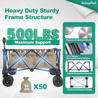 SUNNYFEEL Extra Large Folding Wagon 300L - 500LBS Heavy Duty Beach Wagon Cart with Big All-Terrain Wheels, Stable Frame, Adjustable Handle for Camping, Groceries, Shopping (Black, Tall Version)