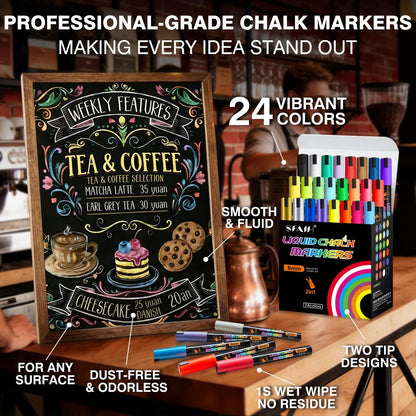 SFAIH Liquid Chalk Markers [1-Second Wet Wipe] No Residue - 6mm 30 Colors [Neon+Pastel+Metallic] Zero Dust Chalkboard Markers for Chalkboard Calendar, Glass, Window, Menus, Labels, Signs, Bistro