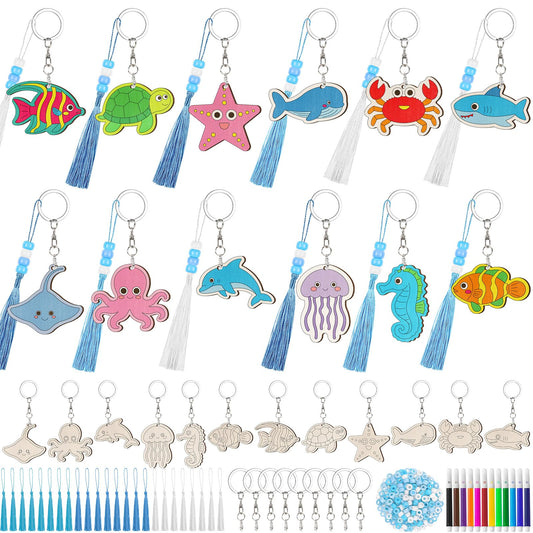 Cinrobiye 24 Set Under The Sea Party Favors Ocean Animals Keychain Craft Kits Bulk Sea Life Wooden Paint Keychains with Colored Pens Gift for Home School Art Craft Project Birthday Summer Party Favors