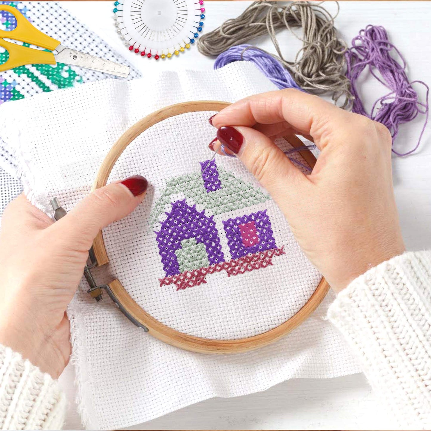 INSCRAFT 304 Pack Embroidery Kit, 200 Colors Threads, 5 Pcs Bamboo Embroidery Hoops, 2 Pcs Aida Cloth, Instructions, Bag and Cross Stitch Tools Set, Hand Embroidery Starter Kit for Beginners Adults