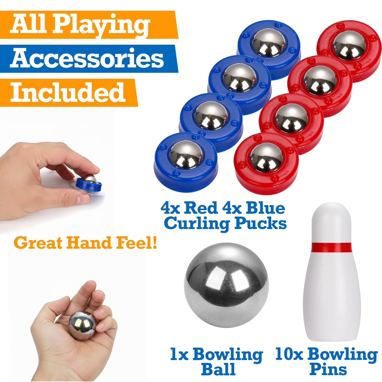 Sterling Games Tabletop Shuffleboard, Bowling and Curling 3 in 1 Combo Game Set, Two Sided Wooden Arcade Game Board with Pucks and Bowling Pins, a Table Top Game for Kids and Family