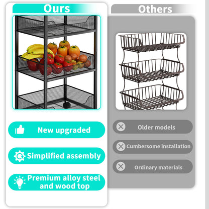 HapiRm Fruit Basket Kitchen Cart - 4-Tier Rolling Storage Cart with Wheels, Fruit Vegetable Basket with Wood Top, Pantry Utility Kitchen Organizer for Fruit Potato Onion Vegetable Bread Snack
