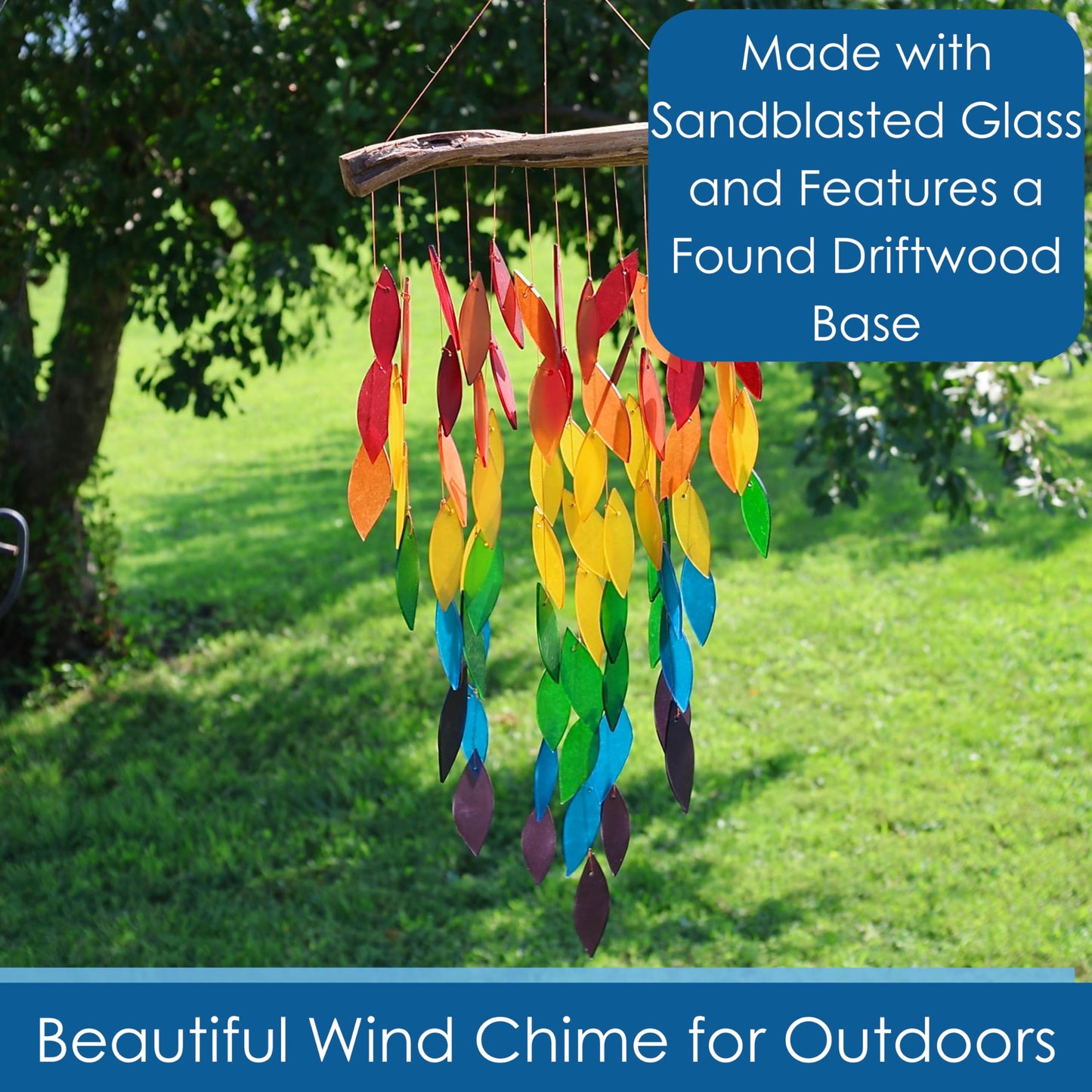 Blue Handworks Deluxe Rainbow Waterfall & Driftwood Chime, Sandblasted Glass and Found Wood Handcrafted Wind Chime