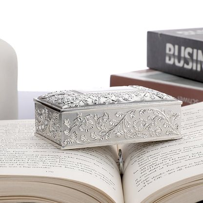 Hipiwe Rectangular Silver Jewelry Box Small Trinket Storage Box Deluxe Treasure Chest Case Earring Ring Necklace Organizer Decorative Keepsake Box Christmas Gift for Women