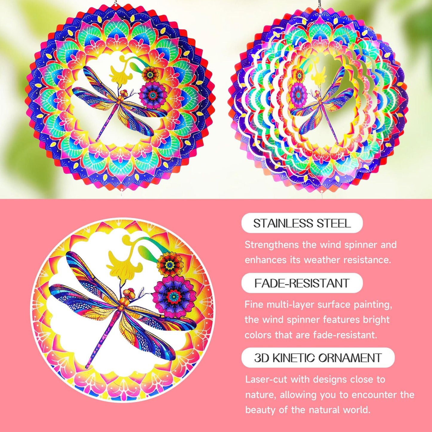 Dragonfly Mandala Wind Spinners Garden Yard Decor Gift for Women Men, 12 Inch Outdoor Metal 3D Wind Spinner, Stainless Steel Hanging Wind Catchers Kinetic Sculpture for Outside Decoration