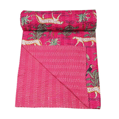 Marubhumi Quilts Indian Handmade Indian Traditional Blankets, Reversible, Jungle Print Vintage Kantha Quilt, Comforter, Hot Pink - Queen 90 x 108 Inches