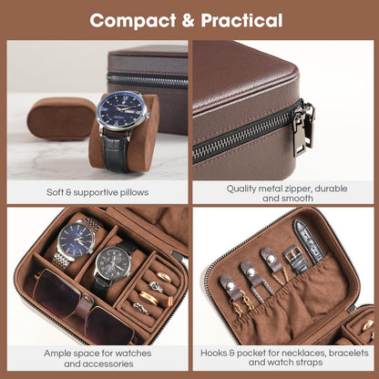 ProCase Travel Watch Case, 2 Slots PU Leather Mens Jewelry Box, Portable Watches Cufflinks Accessories Storage Case, Zippered Carrying Organizer Bag for Man, Valentine's Day Gift -Brown