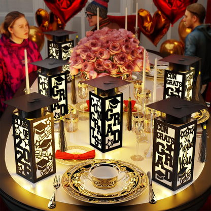 6 Pcs Graduation Table Centerpieces Boxes Class of 2026 Graduation Paper Lanterns Boxes with LED Hollow Out Black for Congrats Grad School College Table Decorations Grad Party Photo Props