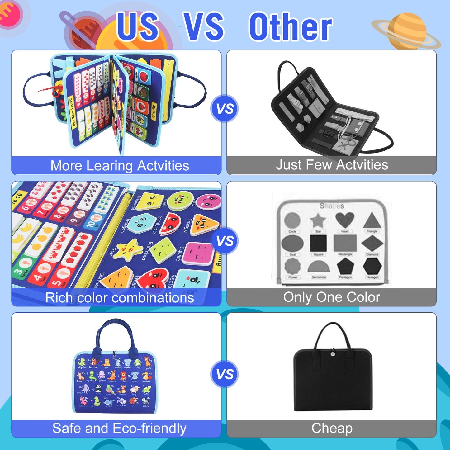 URBAN TOYS Montessori Busy Board - Ideal Busy Book Toddler Toys & Gifts for Boys & Girls, Toddler Travel Essential for Airplane & Car, Sensory Toys, Great for Baby Gifts for Boys