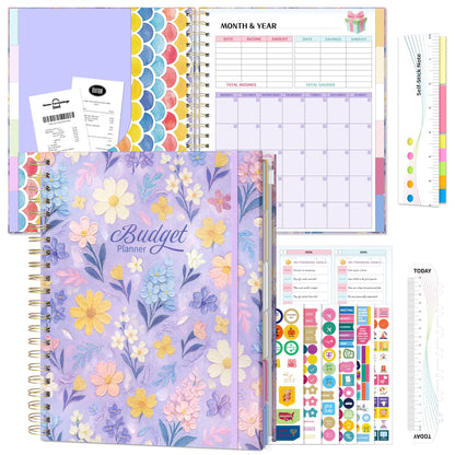 Ospelelf Budget Planner Undated, Money Expense Tracker with Pocket & Stickers, Thick Cardboard Cover, Large Pages for Spacious Writing, Original Fun Colorful Design, 12 Month Financial Notebook, Purple Floral
