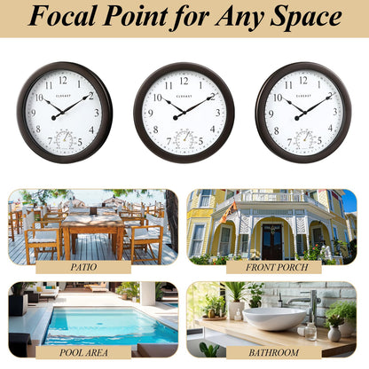CLXEAST 10.4 Inch Indoor Outdoor Clocks Waterproof,Outdoor Clock with Temperature for Bathroom,Patio, Pool,Kitchen,Oil Rubbed Bronze Black Finish,House Warming Gifts New Home