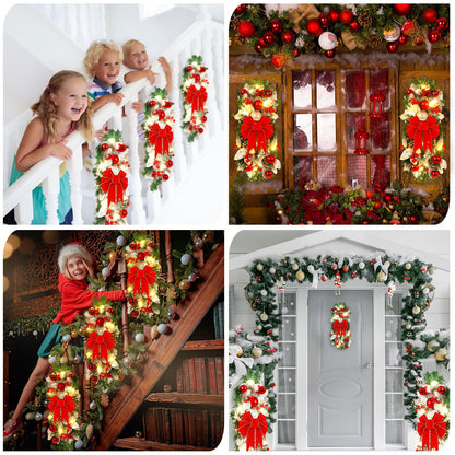 Giegxin 4 Pcs 19.7 Inches Light up Christmas Stair Swags LED Prelit Teardrop Swag Norfolk Pine Garland Artificial Stairs Garland Pine Cone Props for Indoor Outdoor Hanging Decor