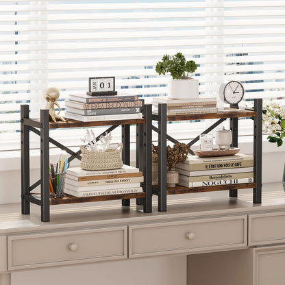 Desktop Bookshelf, 4-Tier Stackable Narrow Bookcase, Adjustable Industrial Desk Organizer & Hutch - Rustic Brown Wood Desktop Book Organizer for Living Room, Bedroom & Home Office