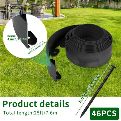 AggFencer 4 in x 25 Ft Garden Landscape Edging, No Dig Garden Edging Border Kit with 46 Pcs Spikes for Flower Bed Lawn Yard Grass Black