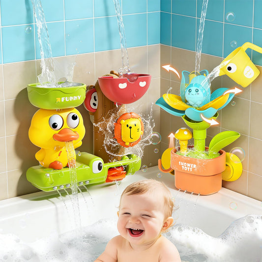 TXTLDB 2-in-1 Bath Toys for Toddlers 1-3, Magic Watering Can with Blooming Flowers & Suction Cup Spinning Duck Toys Set, Interactive Sensory Bathtub Game for Boys Girls 18M+, BPA-Free ABS Plastic